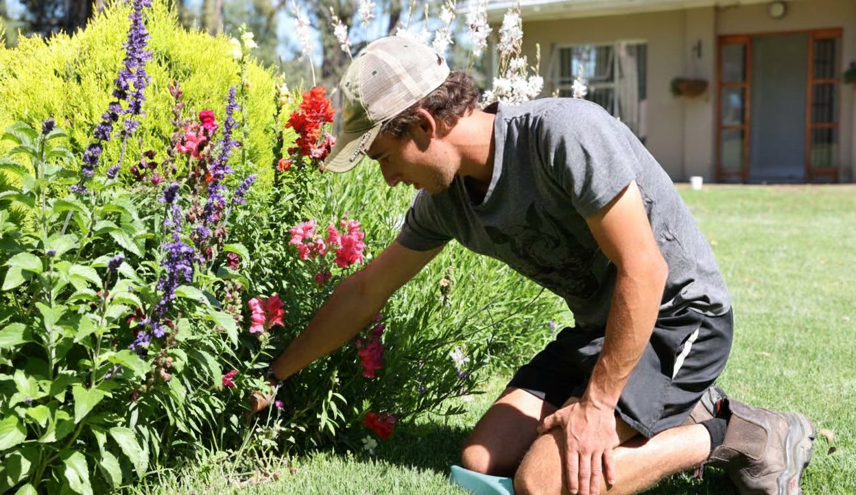 Man kneeling on an aqua Kneepal while gardening